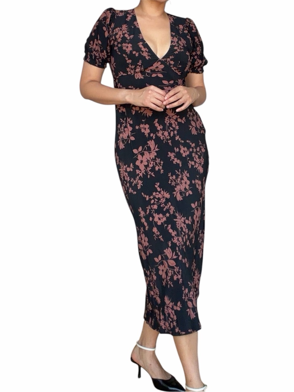 A New Day Black & Burnt Brown Floral Puff Sleeve V-Neck Maxi Dress XS/S